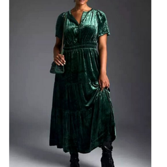 Anthropologie | Dresses | Anthropologie Somerset Velvet Edition Maxi Dress  Tiered Holly Green X Nwt Plus | Poshmark